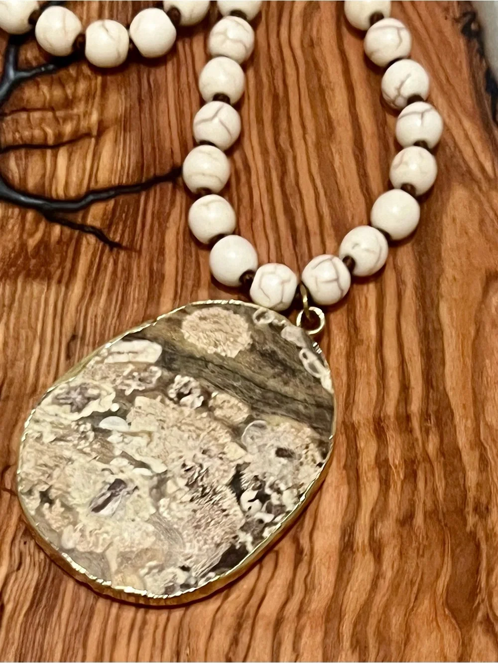 Natural Stone Bead Necklace with Textured Gold Pendant - Cream